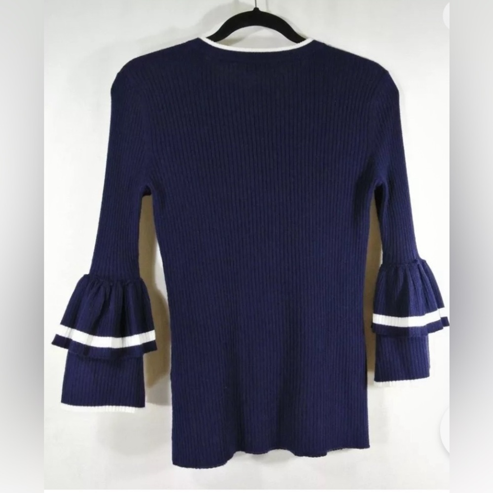 FRAME Ruffle-Cuff Rib-Knit Wool Sweater in Navy - Picture 2 of 6